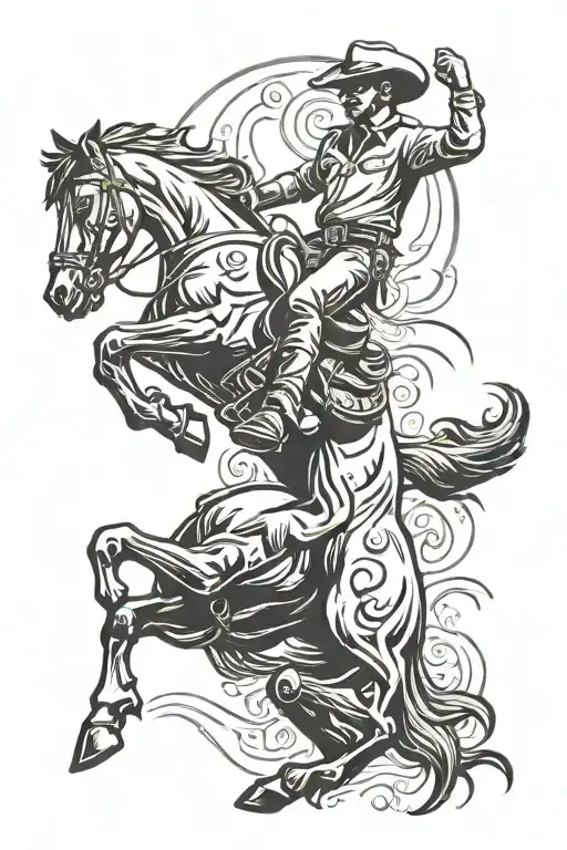 A stylized silhouette of a cowboy on a bucking bronco, showcasing the adrenaline rush of rodeo events tattoo design idea