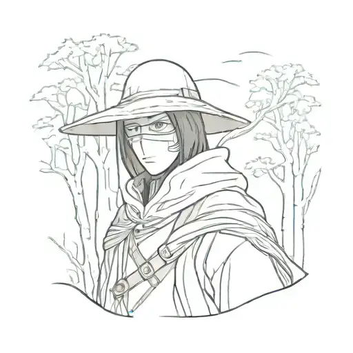 A stylized anime character with Itachi's eyes, wearing a Zorro mask, surrounded by a forest of mystical trees tattoo design idea