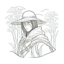A stylized anime character with Itachi's eyes, wearing a Zorro mask, surrounded by a forest of mystical trees tattoo design idea