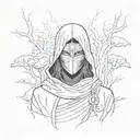 A stylized anime character with Itachi's eyes, wearing a Zorro mask, surrounded by a forest of mystical trees tattoo design idea