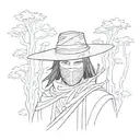 A stylized anime character with Itachi's eyes, wearing a Zorro mask, surrounded by a forest of mystical trees tattoo design idea