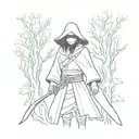 A stylized anime character with Itachi's eyes, wearing a Zorro mask, surrounded by a forest of mystical trees tattoo design idea