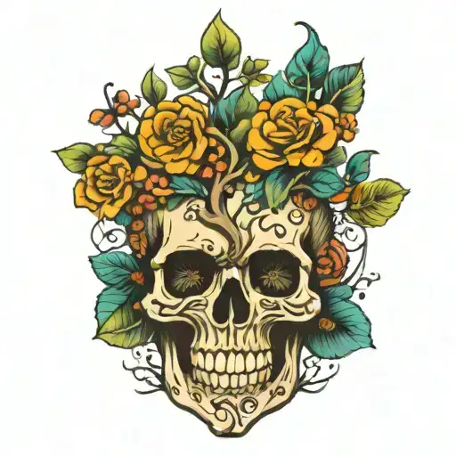 arbre de vie avec une tete de mort mexicaine en contraste avec le prénom Nino et Enzo  tattoo design idea