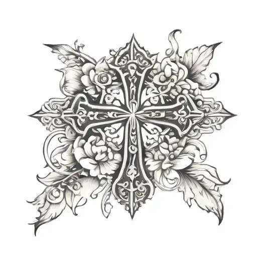 Design a black and grey tattoo of a cross surrounded by delicate floral elements symbolizing faith and healing tattoo design idea
