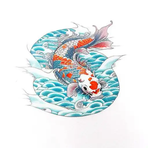 koi fish going up a river and becoming dragon while arriving at waterfall tattoo design idea