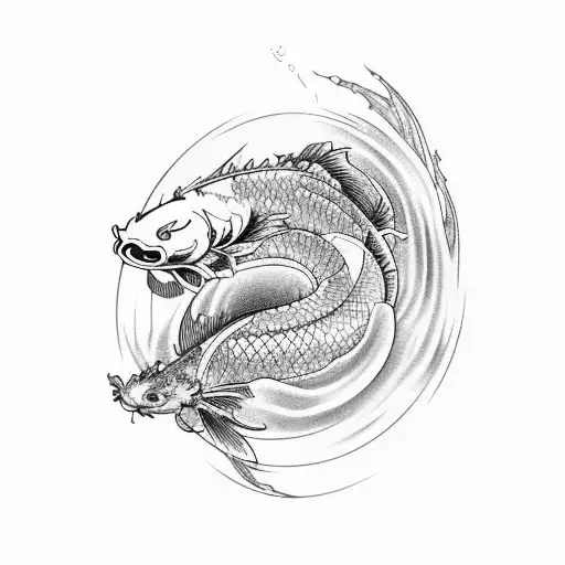 koi fish going up a river and becoming dragon while arriving at waterfall tattoo design idea
