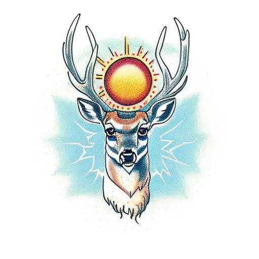 deer with one eye with Argentinian flag sun up his head and roots of tree in his feet tattoo design idea