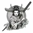 undead geisha holding a katana tattoo design idea
