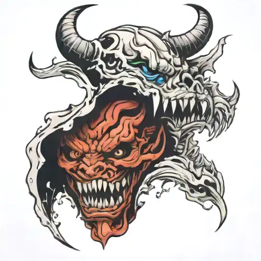 broken oni mask split in half tattoo design idea