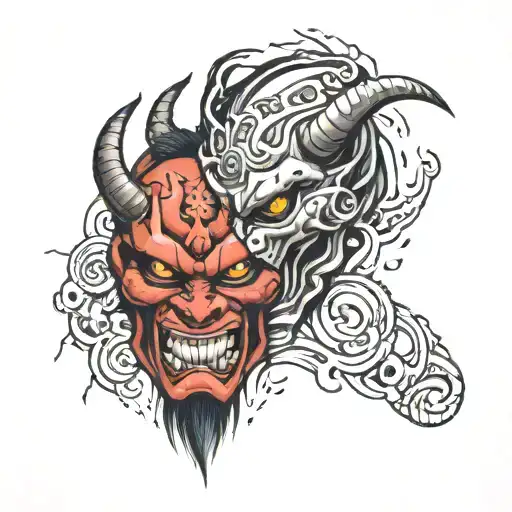 broken oni mask split in half tattoo design idea
