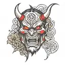 broken oni mask split in half tattoo design idea