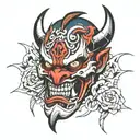 broken oni mask split in half tattoo design idea