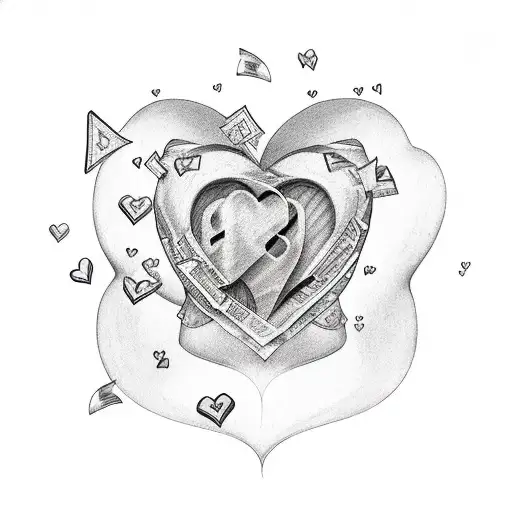 There are hearts spilling out of the cloth bag, and the hearts have dollars drawn on them. tattoo design idea
