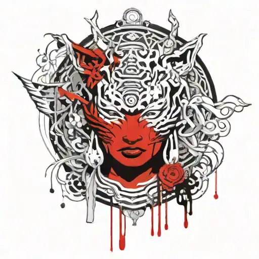 face of asian demon girl, buddha temple, tiger, sun, detailed tattoo design idea