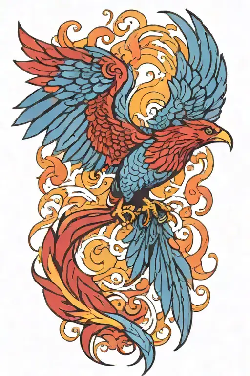 Blue And Red Fire Phoenix deatiled linesFlying To Sky Fast Wings Spread Wide Open Wings High Facing Right Head with flow tattoo design idea