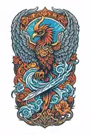 phoenix rising to sky with wings spread head high with sword tattoo design idea