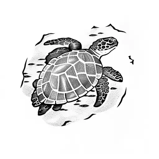 A dotwork tattoo of a majestic sea turtle swimming towards a One Piece-inspired island surrounded by Pokemon tattoo design idea