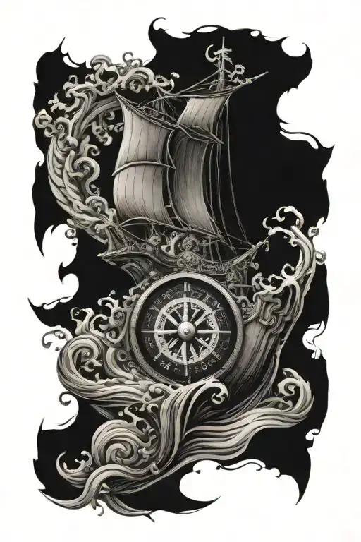 poseidon god wave breaking ship compass map greece  tattoo design idea
