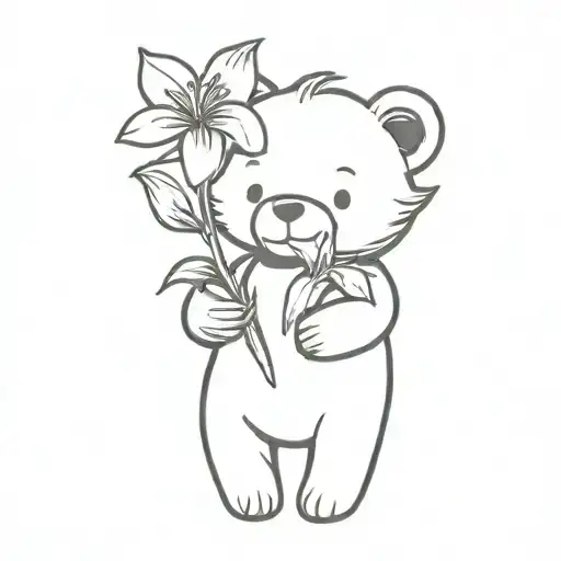 teddy bear holding a lily flower tattoo design idea