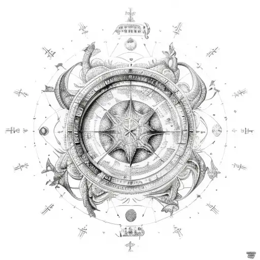 A celestial map of the client's zodiac sign surrounded by intricate mystical weapons tattoo design idea