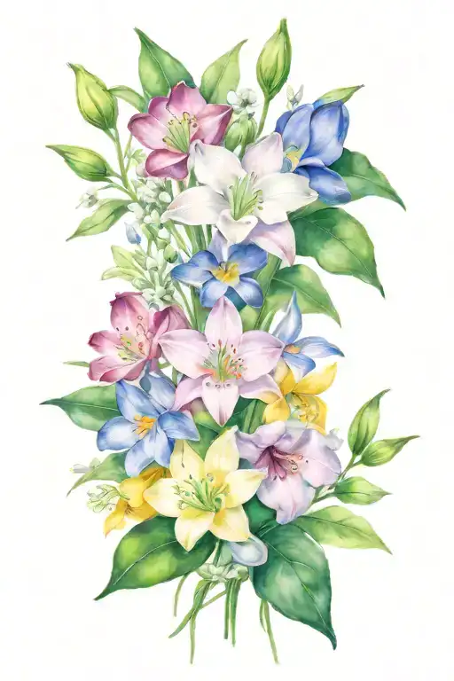 snowdrop, jonquil, sweetpea, honeysuckle, waterlily,  morning glory, cosmos, holly bouquet tattoo design idea