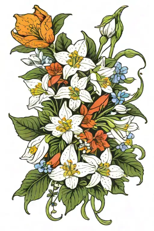snowdrop, jonquil, sweetpea, honeysuckle, waterlily,  morning glory, cosmos, holly bouquet tattoo design idea
