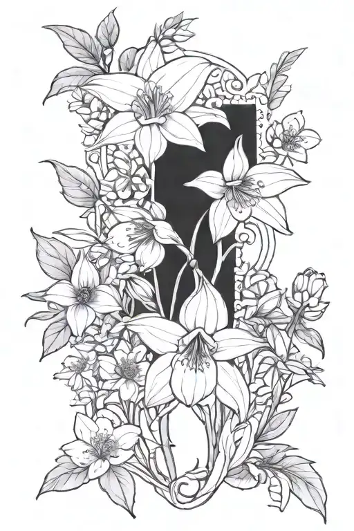 snowdrop, jonquil, sweetpea, honeysuckle, waterlily,  morning glory, cosmos, holly bouquet tattoo design idea