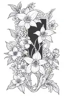 snowdrop, jonquil, sweetpea, honeysuckle, waterlily,  morning glory, cosmos, holly bouquet tattoo design idea