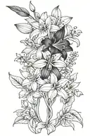 snowdrop, jonquil, sweetpea, honeysuckle, waterlily,  morning glory, cosmos, holly bouquet tattoo design idea