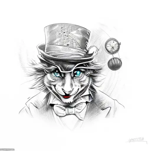 Mad Hatter riding a motorcycle through a psychedelic landscape tattoo design idea