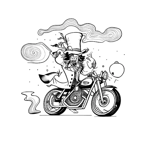 Mad Hatter riding a motorcycle through a psychedelic landscape tattoo design idea