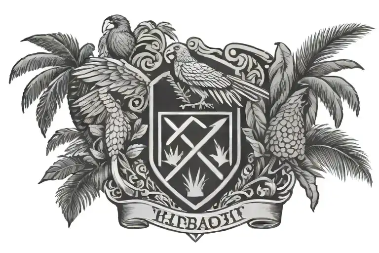 full chest, black and grey, trinidad and tobago, steel pan, coat of arms, national birds, coconut trees, hoky trinity et tattoo design idea