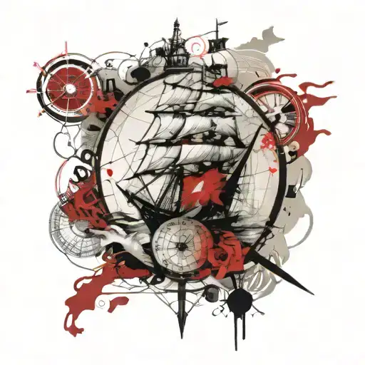 compass, sailing ship, map, lighthouse, astrolabe, waves, storm tattoo design idea