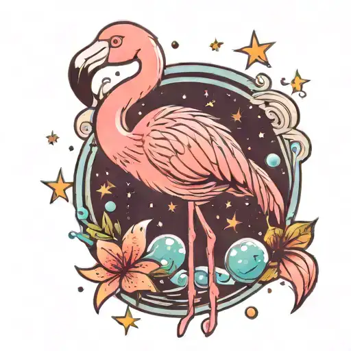 retro flamingo standing surrounded by stars and bubbles tattoo design idea