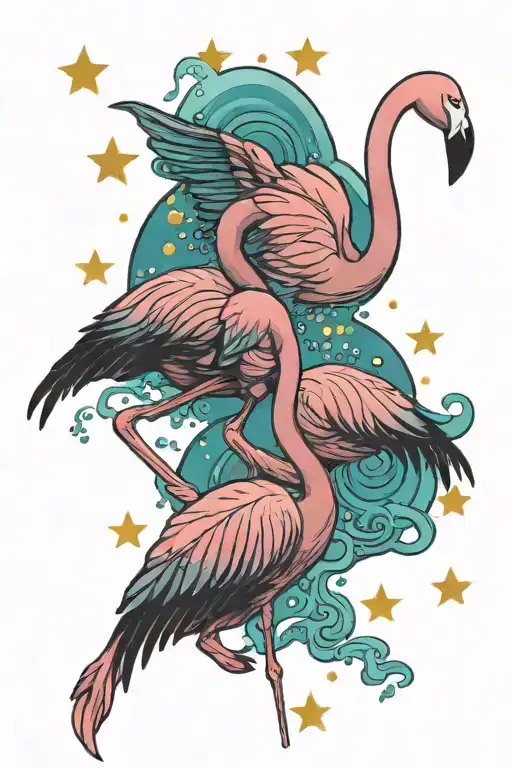 baby & mom flamingo dancing surrounded by stars bubbles & water in color tattoo design idea