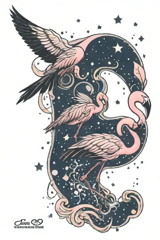baby & mama flamingo dancing surrounded by stars bubbles & water tattoo design idea