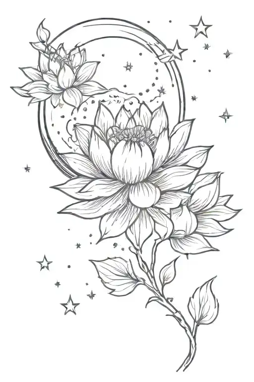 dainty moon and lotus flower with stars around them tattoo design idea