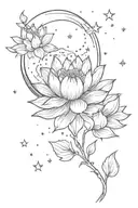 dainty moon and lotus flower with stars around them tattoo design idea