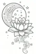 dainty moon and lotus flower with stars around them tattoo design idea