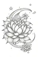 dainty moon and lotus flower with stars around them tattoo design idea