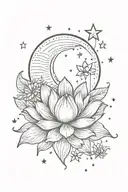 dainty moon and lotus flower with stars around them tattoo design idea