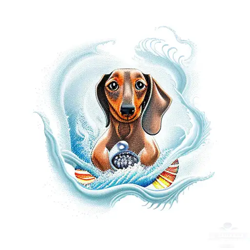 A dachshund silhouette surrounded by waves and seashells tattoo design idea