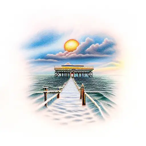 A pier at sunset with the words 'Lead me not into temptation' from the Lords Prayer tattoo design idea