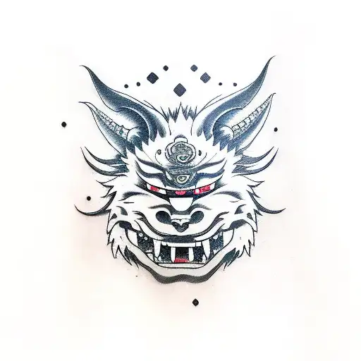 oni with third eye, furry head, sharp claws and teeth tattoo design idea