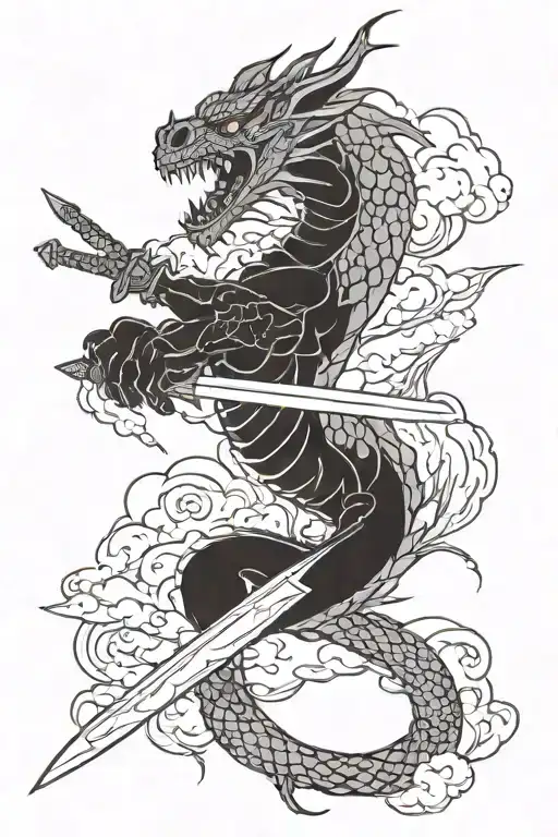a dragon wrapped around a straight sword with clouds and lightning  tattoo design idea