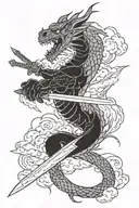 a dragon wrapped around a straight sword with clouds and lightning  tattoo design idea