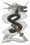 a dragon wrapped around a straight sword with clouds and lightning  tattoo design idea