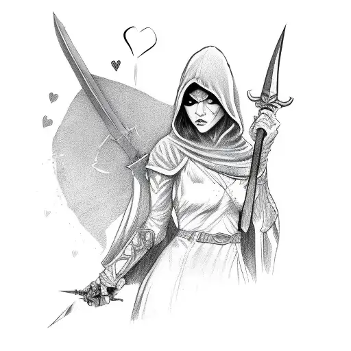 assassin woman with hood on holds a dagger wwith heart on it tattoo design idea