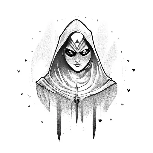 assassin woman with hood on holds a dagger wwith heart on it tattoo design idea