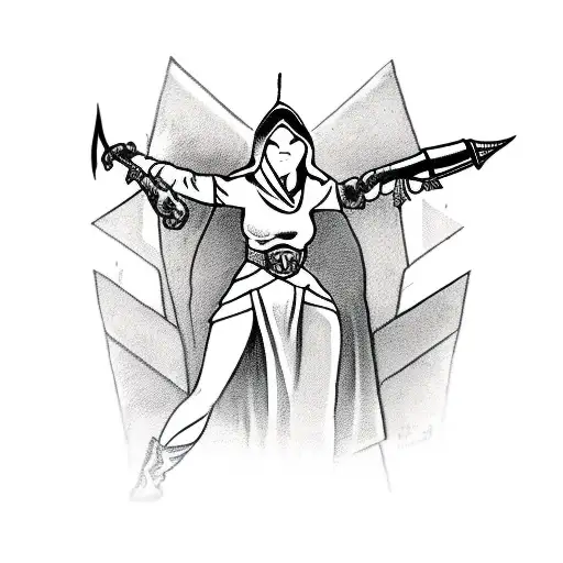 assassin woman with hood on holds a dagger wwith heart on it tattoo design idea